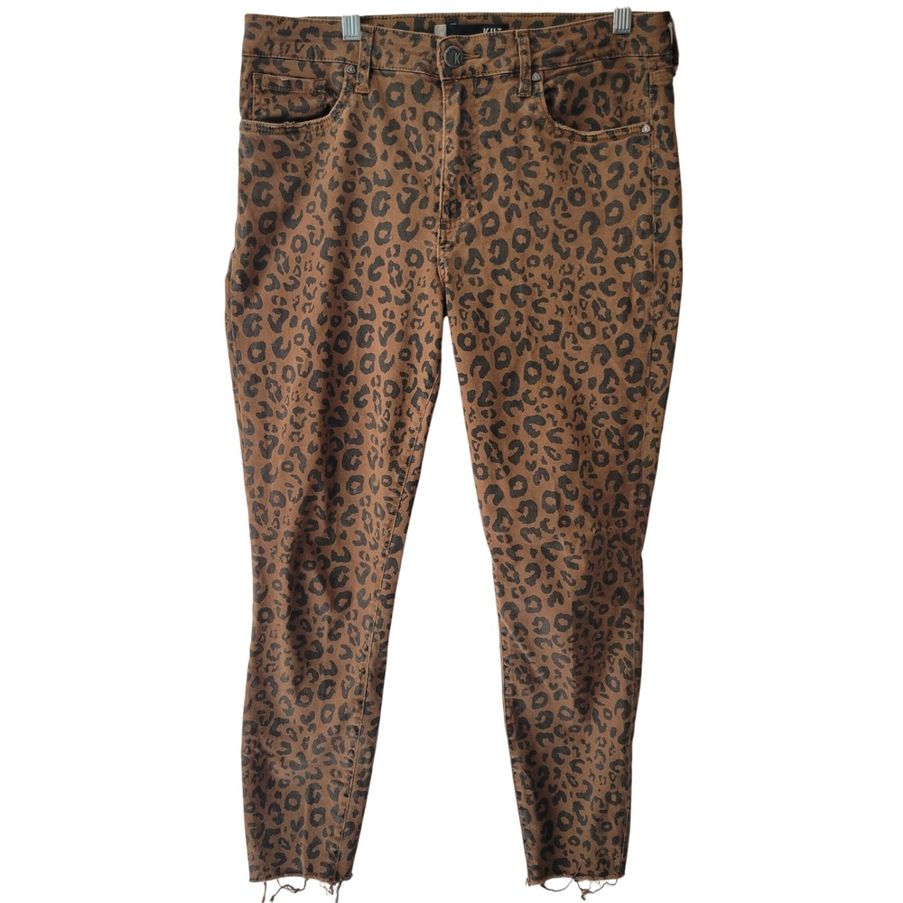 Kut from the Kloth Leopard Skinny Jeans Womens 10 Brown Animal Print Raw Hem